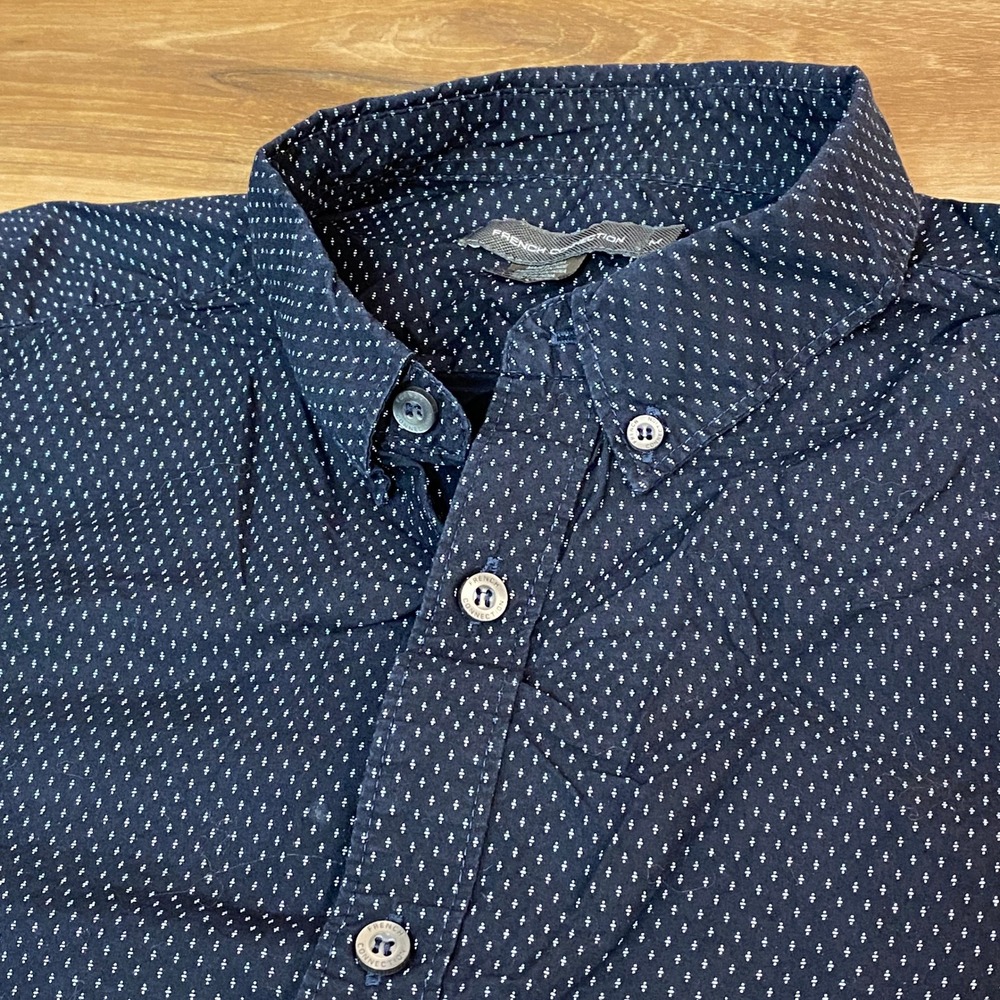 French Connection Shirt Mens Medium Navy Blue White Micro Dot Short Sleeve